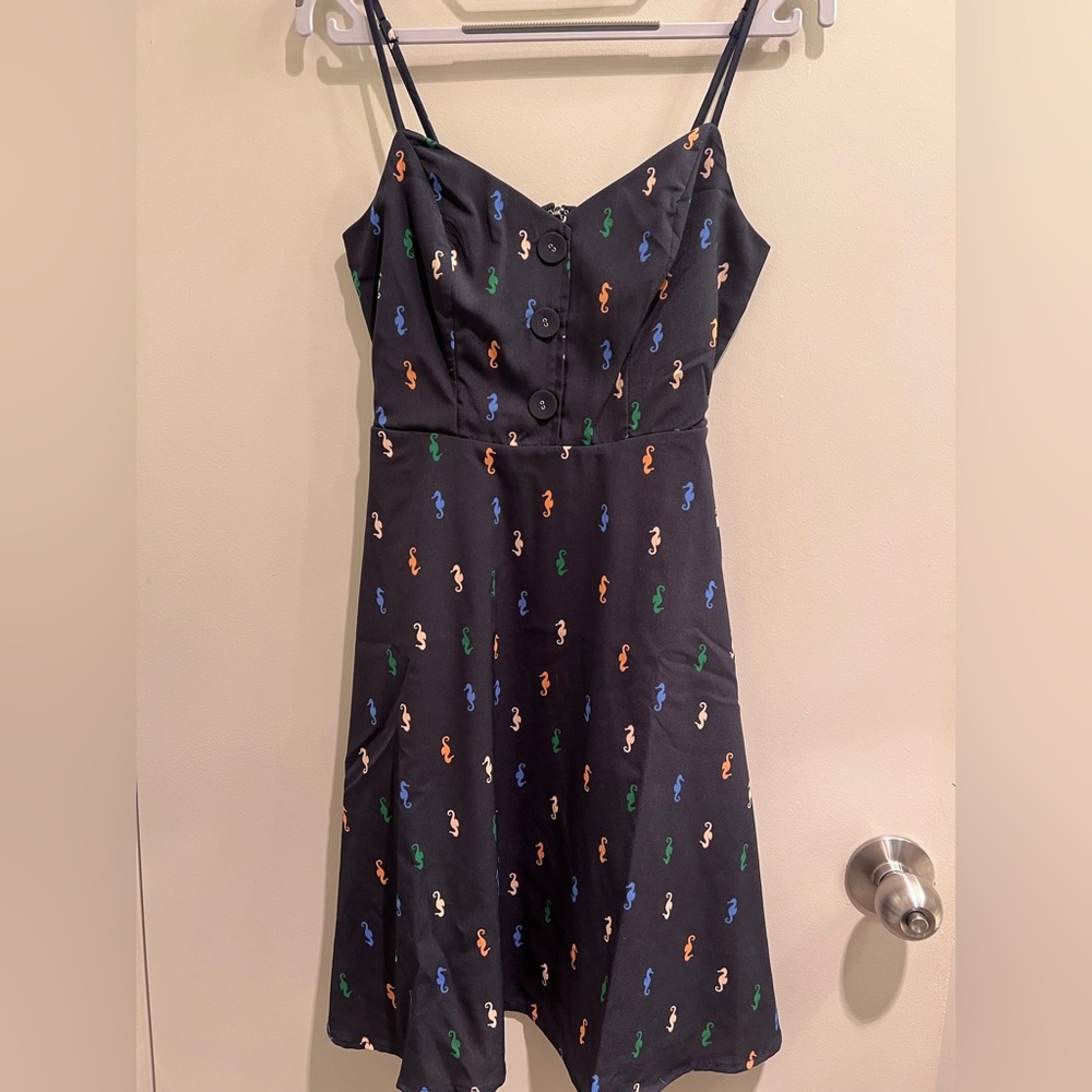 NWOT ModCloth Living Lightheartedly Navy Seahorse Pattern Sundress w/pockets 00